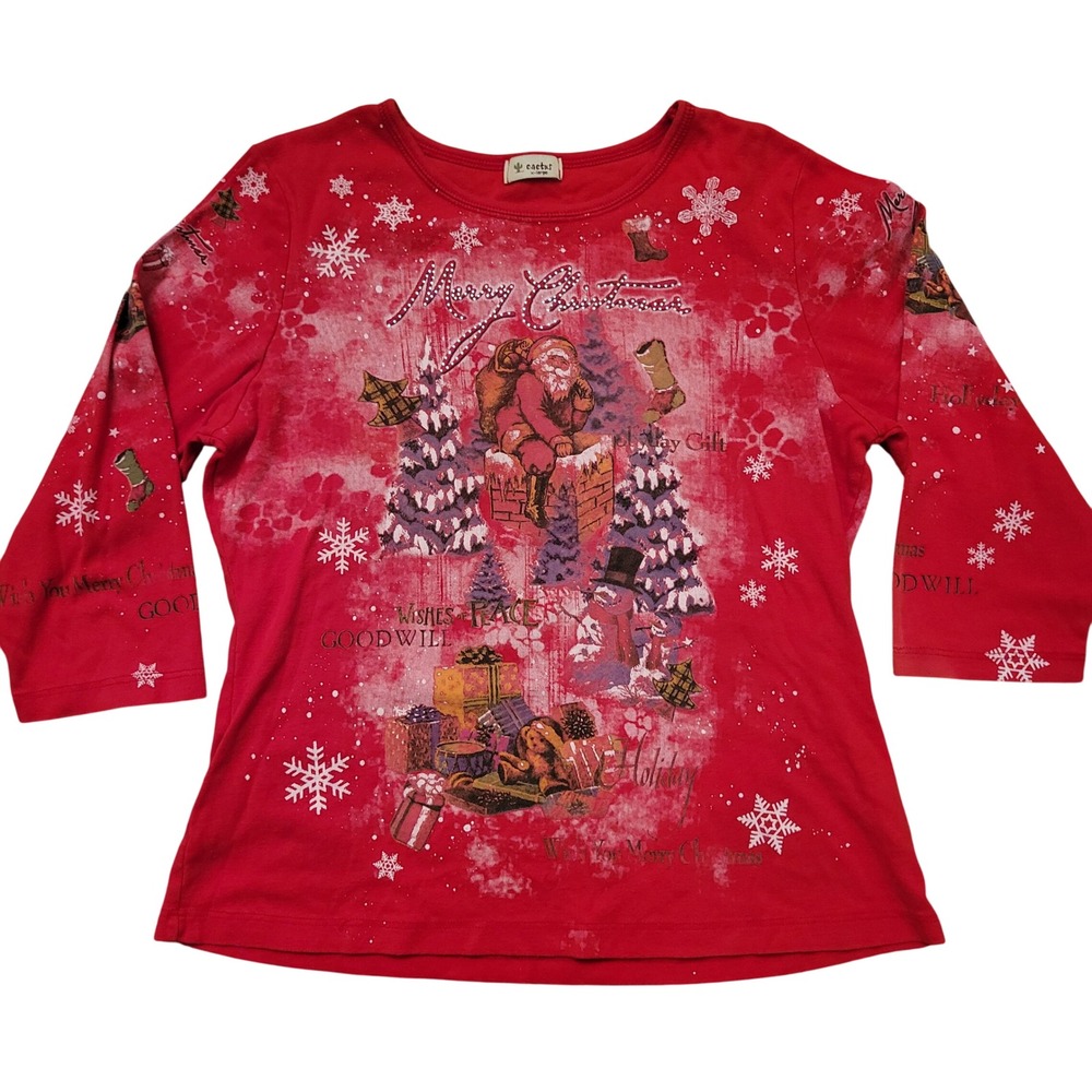 Cactus XL T Shirt Red Christmas Santa Rhinestone Holiday Top Bling 90s Party